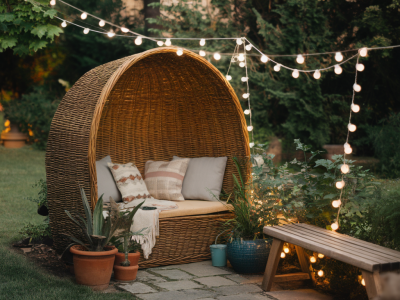 Design a cozy garden seating nook using thrifted finds and white string lights