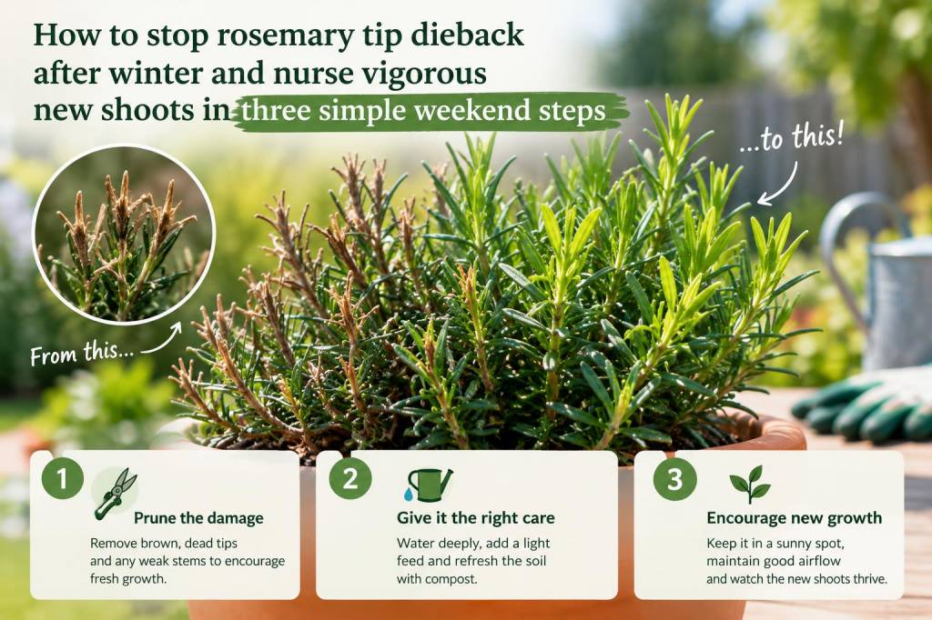 How to stop rosemary tip dieback after winter and nurse vigorous new shoots in three simple weekend steps