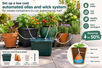 Set up a low-cost automated ollas and wick system for mixed containers to cut watering by half