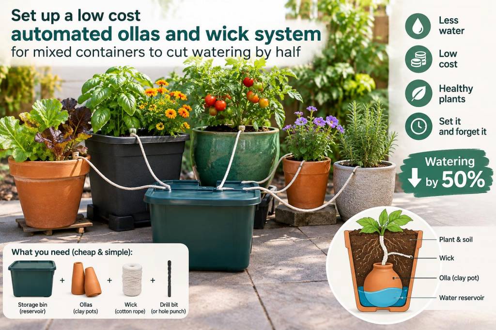 Set up a low-cost automated ollas and wick system for mixed containers to cut watering by half