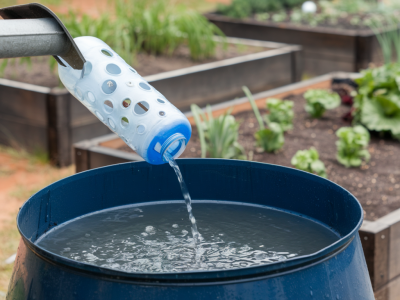 Build an upcycled rain barrel filter that keeps mosquitoes out and delivers clean water to raised beds