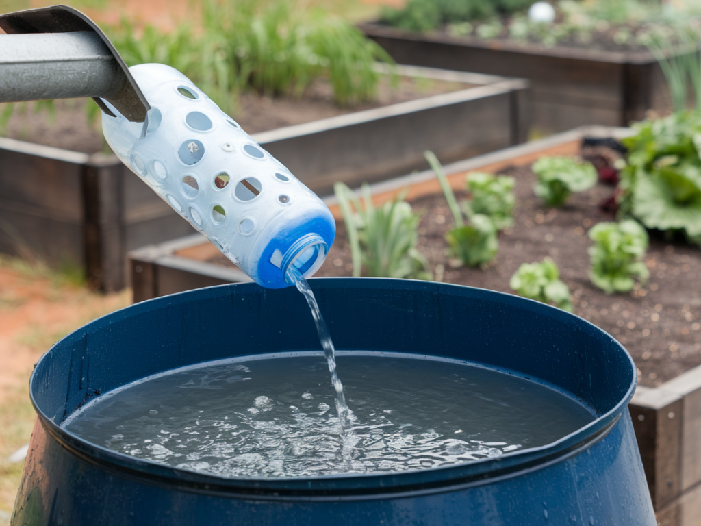 Build an upcycled rain barrel filter that keeps mosquitoes out and delivers clean water to raised beds