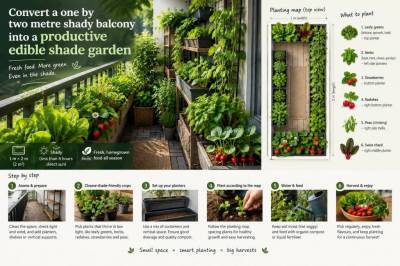 Convert a one-by-two metre shady balcony into a productive edible shade garden with a step-by-step planting map